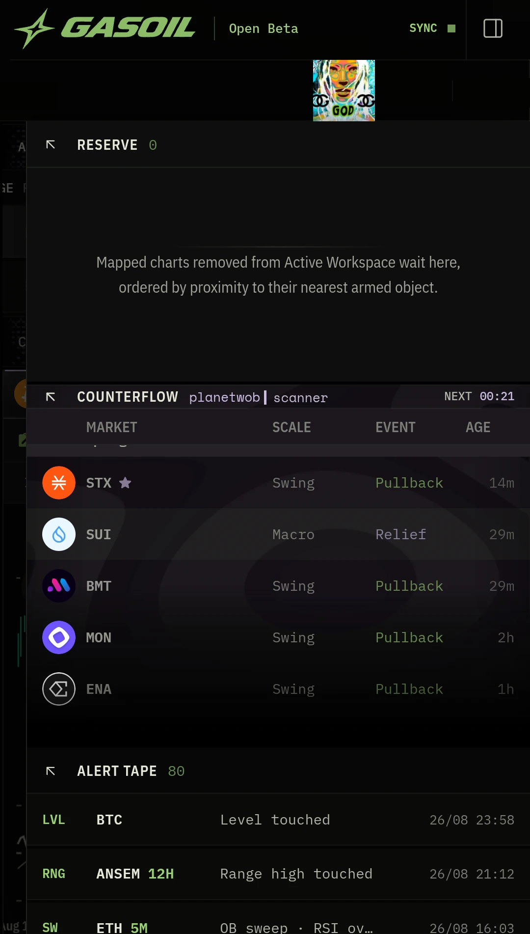 GASOIL mobile Watchlist and Alert Tape sidebar